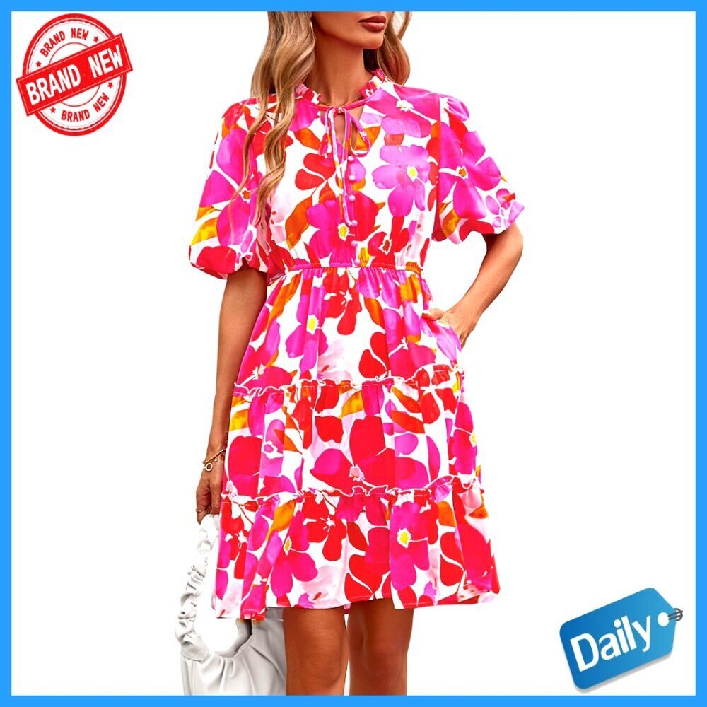 Floral Boho Mini Dress V Neck Tiered Ruffle Summer Casual Swing Fit